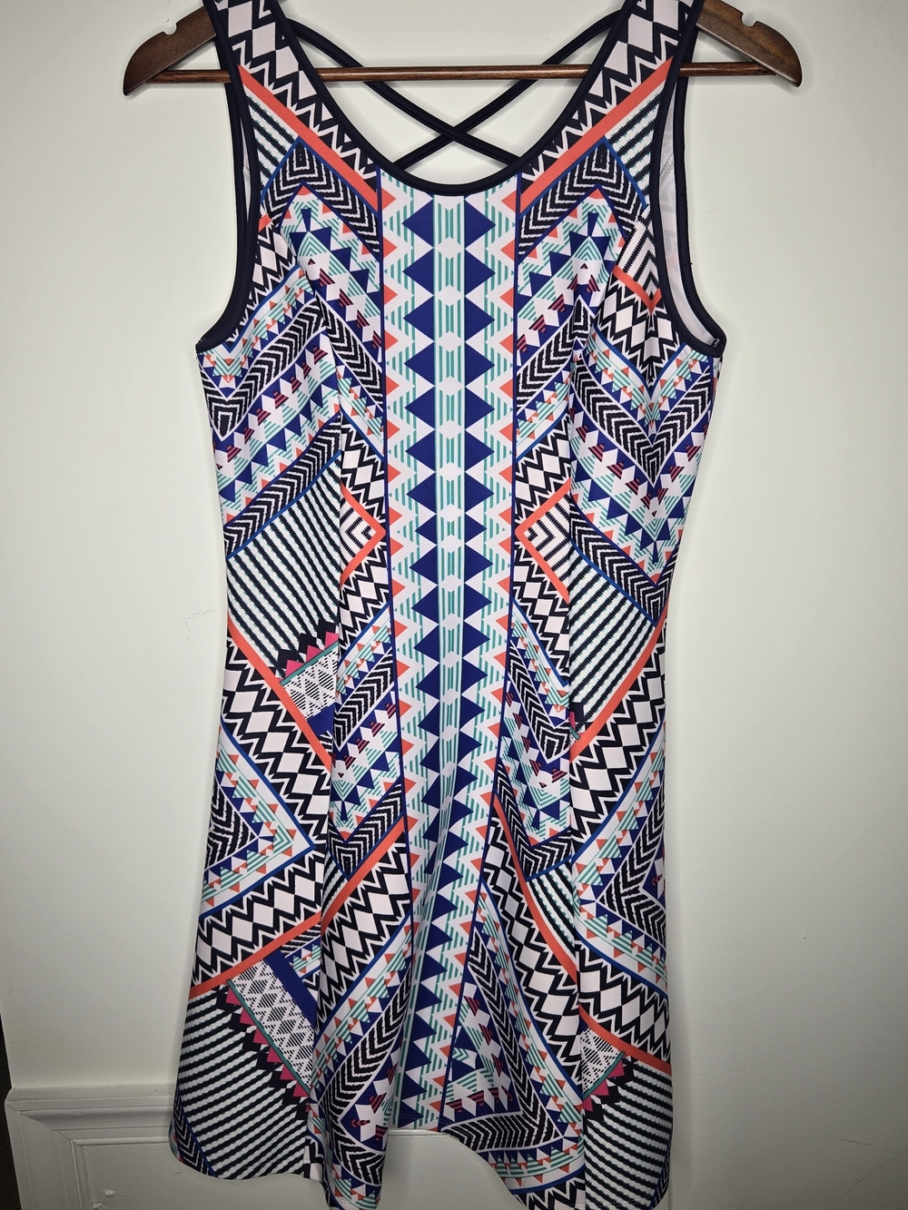 Geometric Aztec Print Skater Dress Strappy Criss Cross Back Navy Pink - Size M